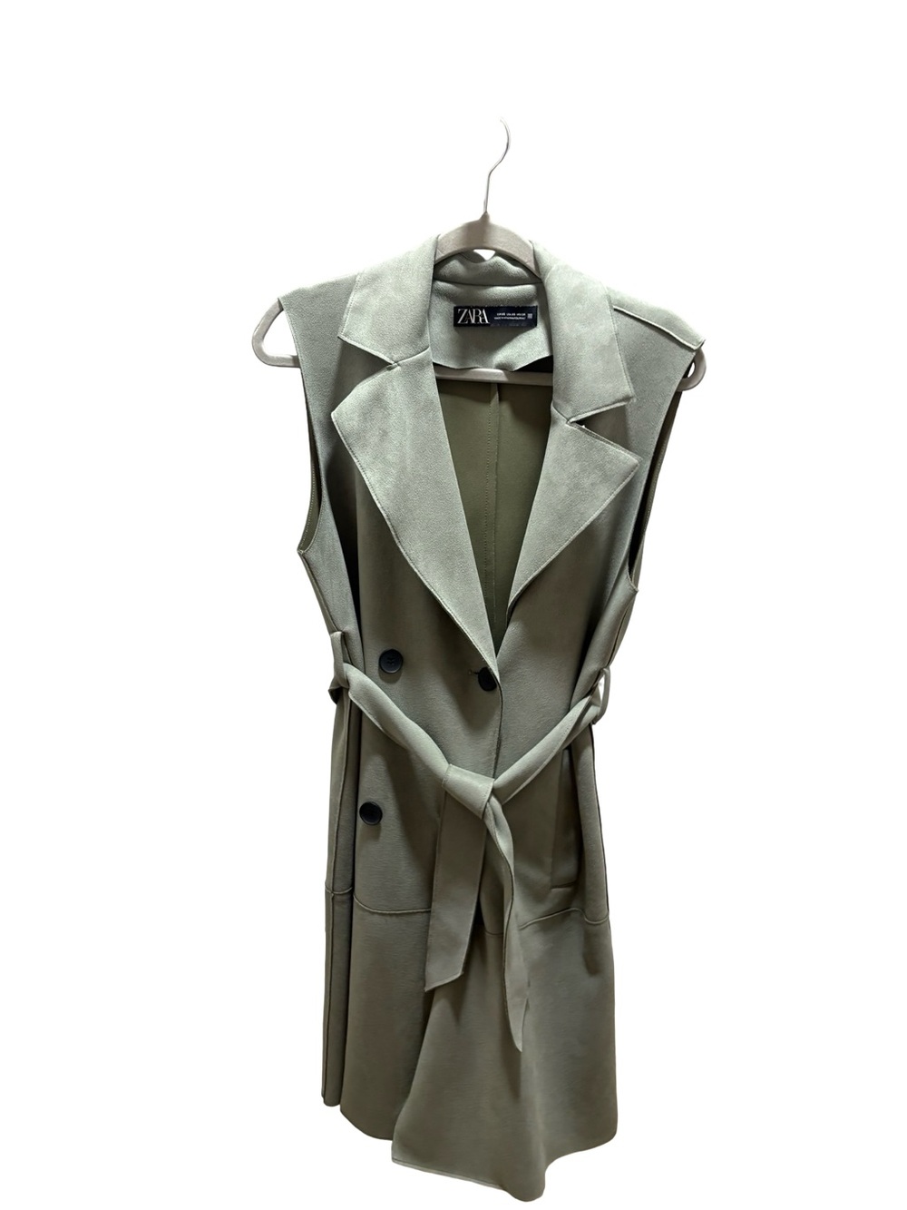 Zara Sage Green Faux Suede Long Trench Vest Jacket Size XS